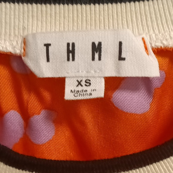 THML polyester orange/lavender splotched blouse w puffer sleeves/crewneck XS - Picture 1 of 11